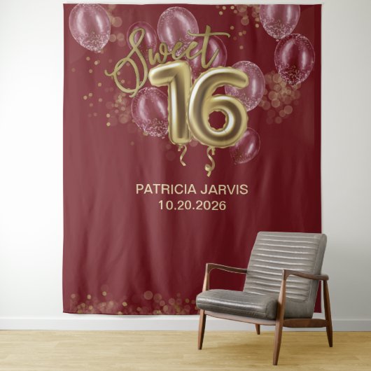Gold Foil Sweet 16 Balloons Burgundy Backdrops Wandteppich (Beispiel)