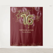 Gold Foil Sweet 16 Balloons Burgundy Backdrops Wandteppich (Vorderseite)