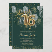 Gold Foil Sweet 16 Balloons Party Emerald Green Einladung (Vorne/Hinten)
