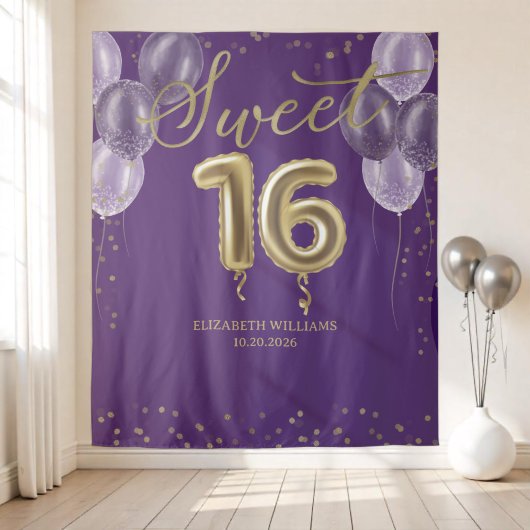 Gold Foil Sweet 16 Balloons Party Lila Hintergrund Wandteppich