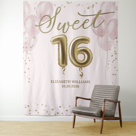 Gold Foil Sweet 16 Balloons Rosa Hintergrund Wandteppich (Beispiel)