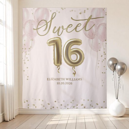 Gold Foil Sweet 16 Balloons Rosa Hintergrund Wandteppich