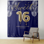 Gold Foil Sweet 16 Balloons Royal Blue Hintergrund Wandteppich (Beispiel)
