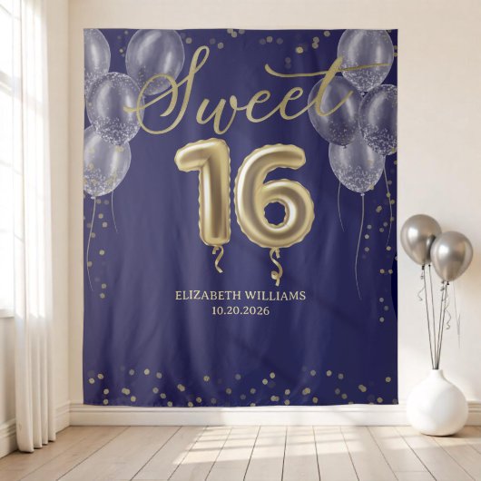 Gold Foil Sweet 16 Balloons Royal Blue Hintergrund Wandteppich