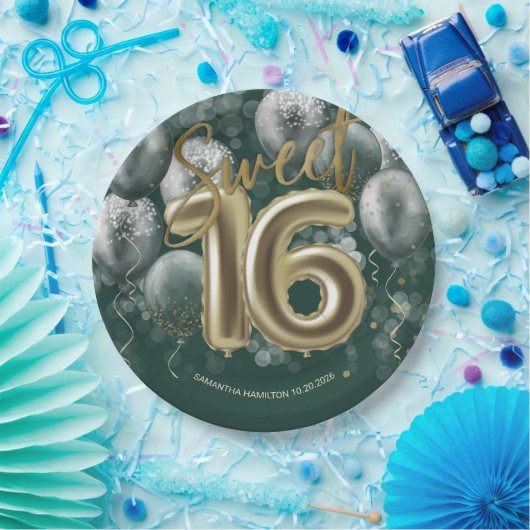 Gold Foil Sweet 16 Bday Balloons Emerald Green Pappteller (Party)