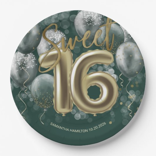 Gold Foil Sweet 16 Bday Balloons Emerald Green Pappteller (Vorderseite)