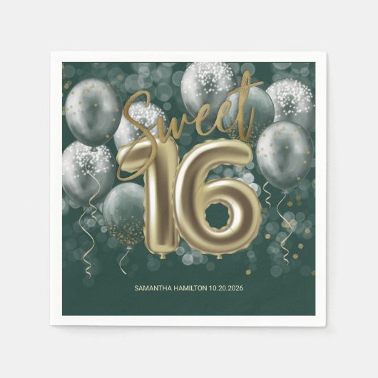 Gold Foil Sweet 16 Bday Balloons Emerald Green Serviette (Vorderseite)