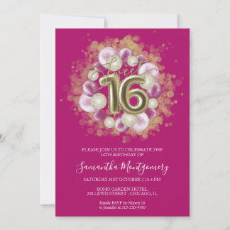 Gold Foil Sweet 16 Bday Balloons Party Hot Pink Einladung