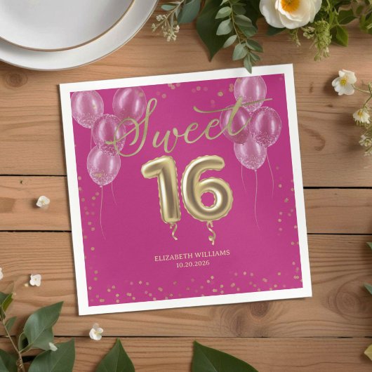 Gold Foil Sweet 16 Bday Balloons Party Hot Pink Serviette