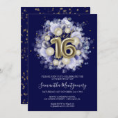 Gold Foil Sweet 16 Bday Balloons Party Royal Blue Einladung (Vorne/Hinten)