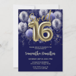 Gold Foil Sweet 16 Bday Balloons Party Royal Blue Einladung