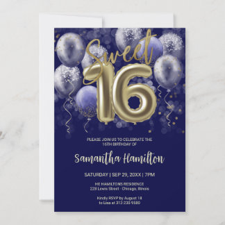 Gold Foil Sweet 16 Bday Balloons Party Royal Blue Einladung