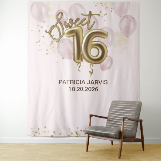 Gold Foil Sweet 16 Bday Balloons Pink Backdrops Wandteppich (Beispiel)