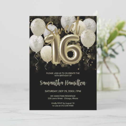Gold Foil Sweet 16 Birthday Balloons Party Black Einladung (Stehend Vorderseite)