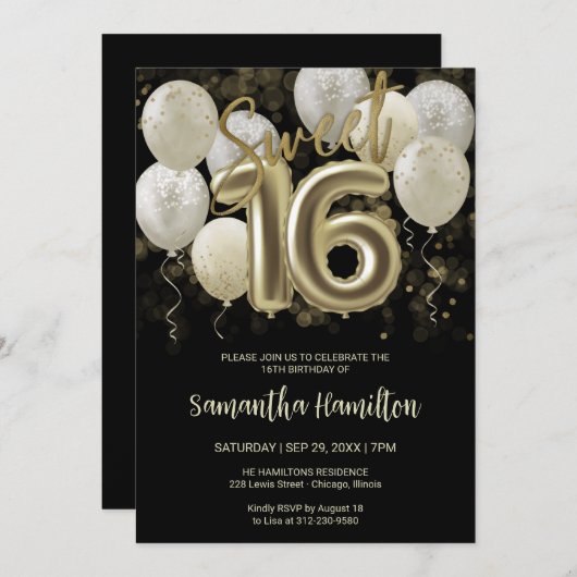 Gold Foil Sweet 16 Birthday Balloons Party Black Einladung (Vorne/Hinten)