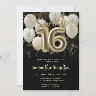 Gold Foil Sweet 16 Birthday Balloons Party Black Einladung