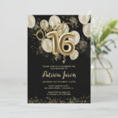 Gold Foil Sweet 16 Birthday Balloons Party Black Einladung (Stehend Vorderseite)