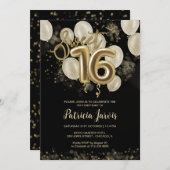 Gold Foil Sweet 16 Birthday Balloons Party Black Einladung (Vorne/Hinten)