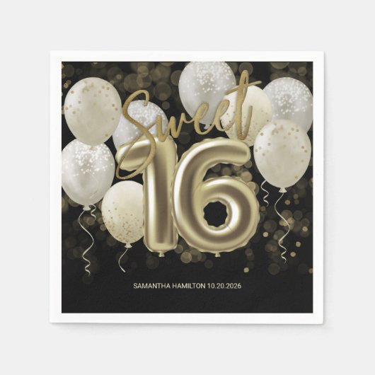 Gold Foil Sweet 16 Birthday Balloons Party Black Serviette (Vorderseite)