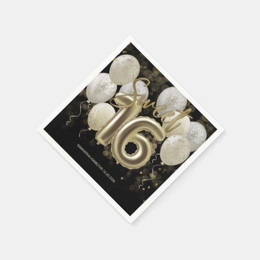 Gold Foil Sweet 16 Birthday Balloons Party Black Serviette (Ecke)