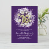 Gold Foil Sweet 16 Birthday Balloons Party Lila Einladung (Stehend Vorderseite)