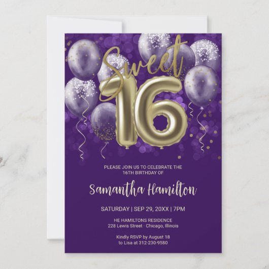 Gold Foil Sweet 16 Birthday Balloons Party Lila Einladung (Vorderseite)