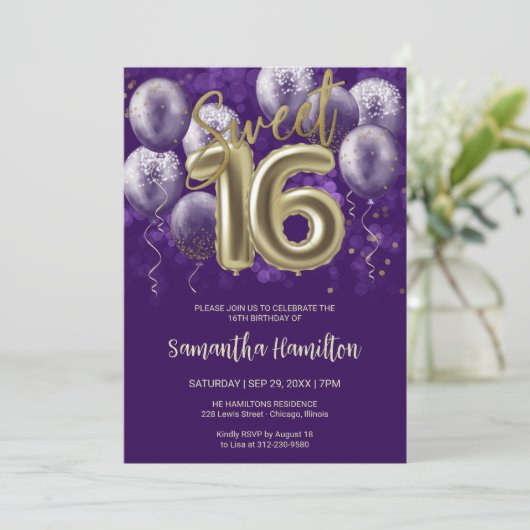 Gold Foil Sweet 16 Birthday Balloons Party Lila Einladung (Stehend Vorderseite)