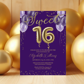 Gold Foil Sweet 16 Birthday Balloons Party Lila Einladung