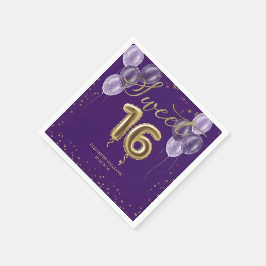 Gold Foil Sweet 16 Birthday Balloons Party Lila Serviette (Ecke)