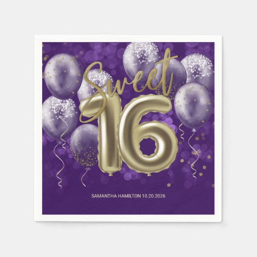 Gold Foil Sweet 16 Birthday Balloons Party Lila Serviette (Vorderseite)