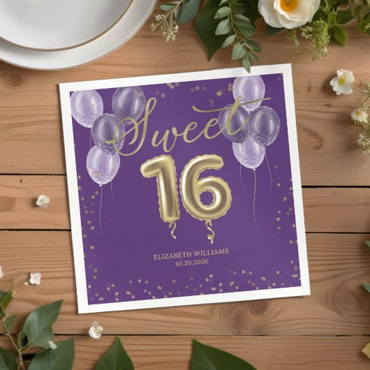Gold Foil Sweet 16 Birthday Balloons Party Lila Serviette