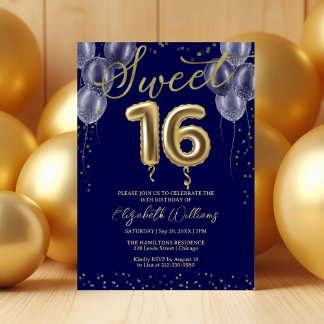 Gold Foil Sweet 16 Birthday Balloons Royal Blue Einladung