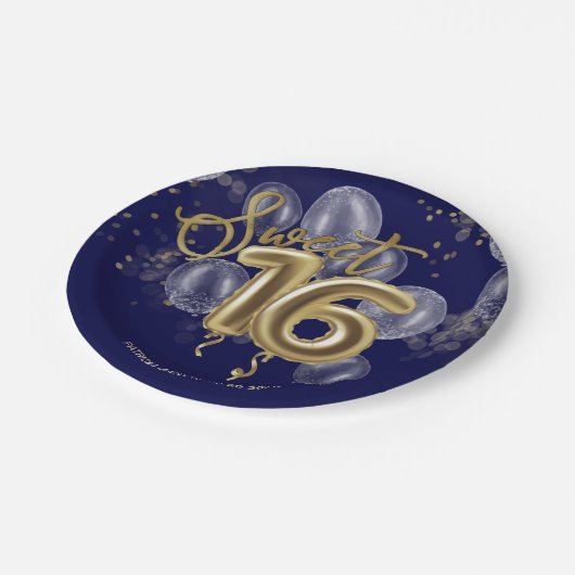 Gold Foil Sweet 16 Birthday Balloons Royal Blue Pappteller (Schrägansicht)