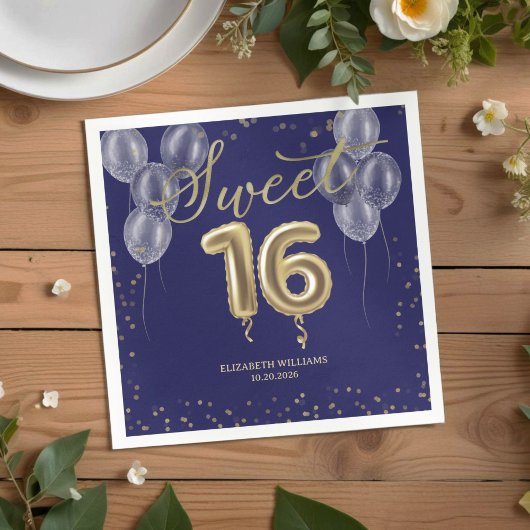 Gold Foil Sweet 16 Birthday Balloons Royal Blue Serviette