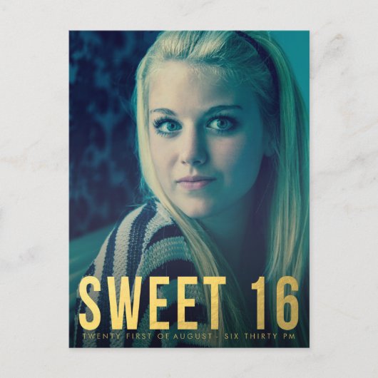 Gold Foil Sweet 16 Party Foto Postkarte (Vorderseite)