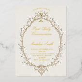 gold foil text first communion beige frame folieneinladung (Vorderseite)