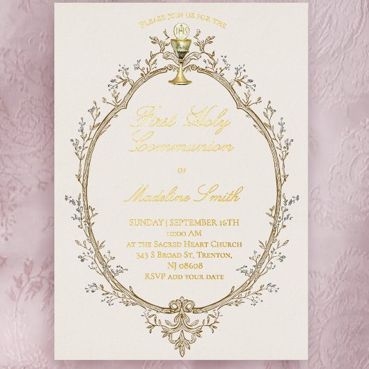 gold foil text first communion beige frame folieneinladung