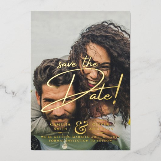 GOLD FOIL Text Foto Overlay Holz Save the Date Folieneinladung (Vorderseite)