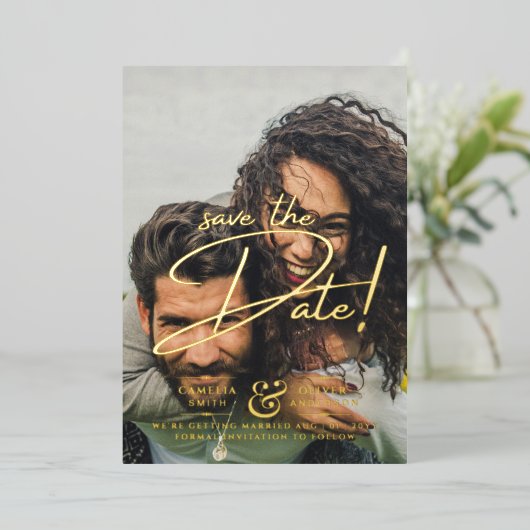 GOLD FOIL Text Foto Overlay Save the Date modern Folieneinladung (Stehend vorne)