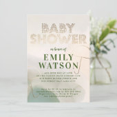 Gold Foil Umbrella Dark Moss Green Baby Dusche Einladung (Stehend Vorderseite)