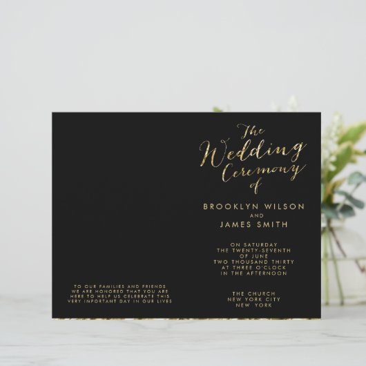 Gold Foil und Black Wedding Programme (Stehend Vorderseite)