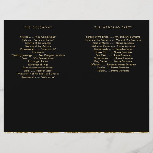 Gold Foil und Black Wedding Programme (Rückseite)