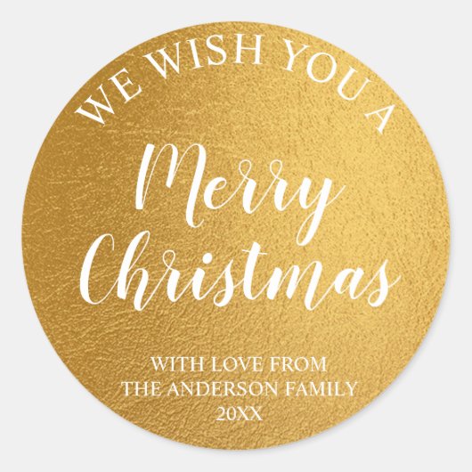 Gold Foil und White Script Frohe Weihnachten Runder Aufkleber (Vorderseite)
