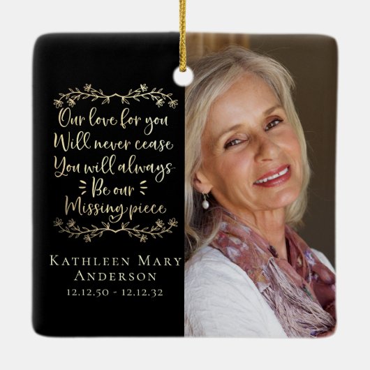 Gold Foil Vermisst Piece Memorial Foto Achtung Keramikornament (Rückseite)