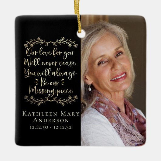 Gold Foil Vermisst Piece Memorial Foto Achtung Keramikornament (Vorderseite)