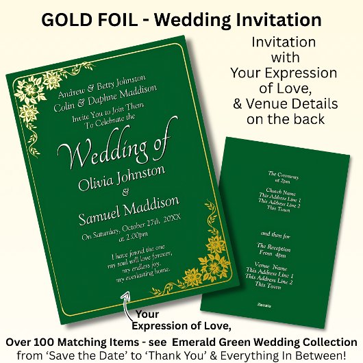 Gold Foil Wedding Invitation Emerald Green White  Folieneinladung