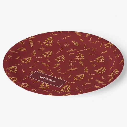 Gold Foil Weihnachtsbaum Muster Red Holiday Pappteller (Schrägansicht)