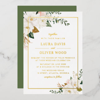 Gold Foil white magnolia floral wedding invitation Folieneinladung