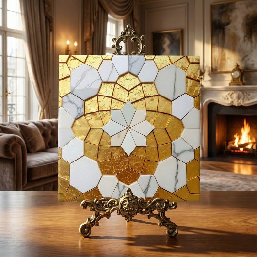 Gold Foil & White Marble Geometric Mosaic Art Deco Fliese