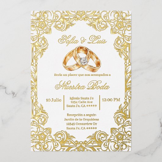 gold foil with frame Spanish wedding Folieneinladung (Vorderseite)